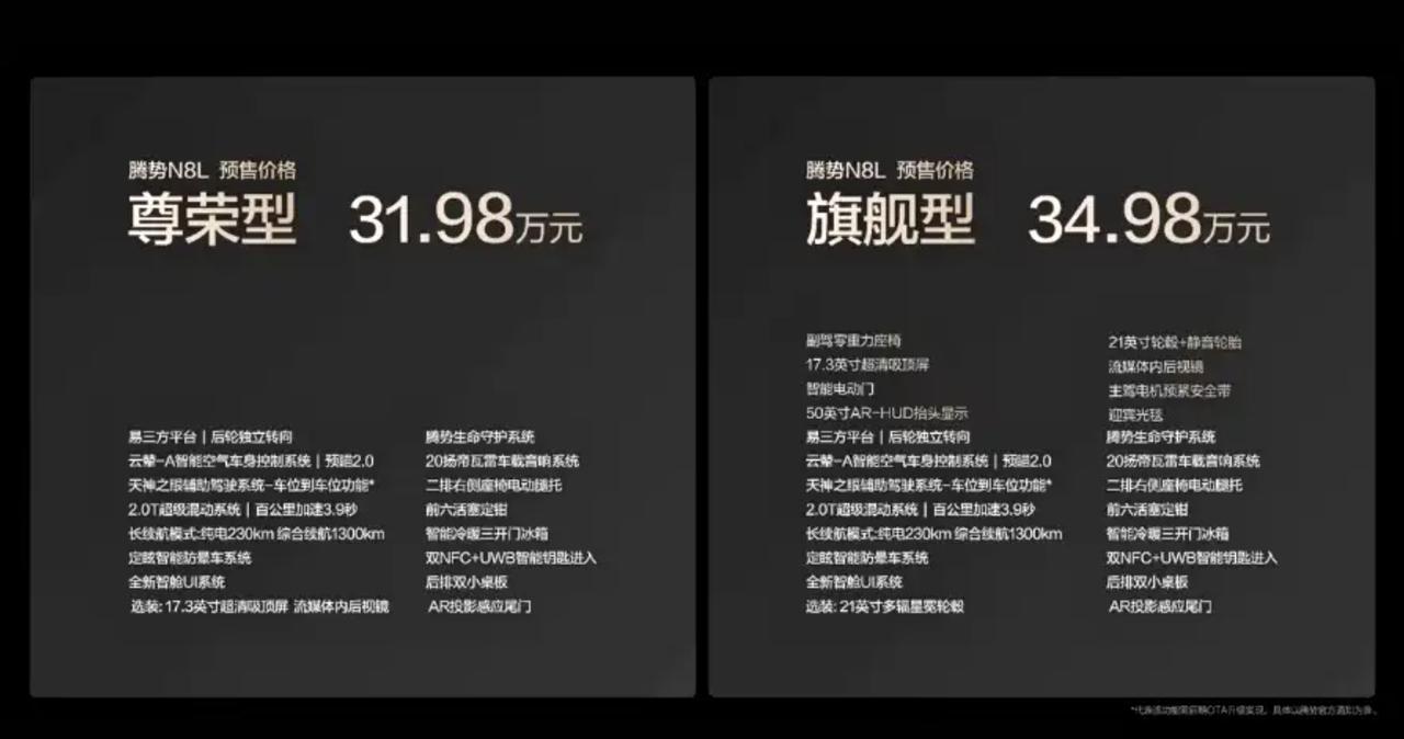 腾势N8L开启预售，定位大六座安全豪华SUV，预售价31.98-34.98万元。