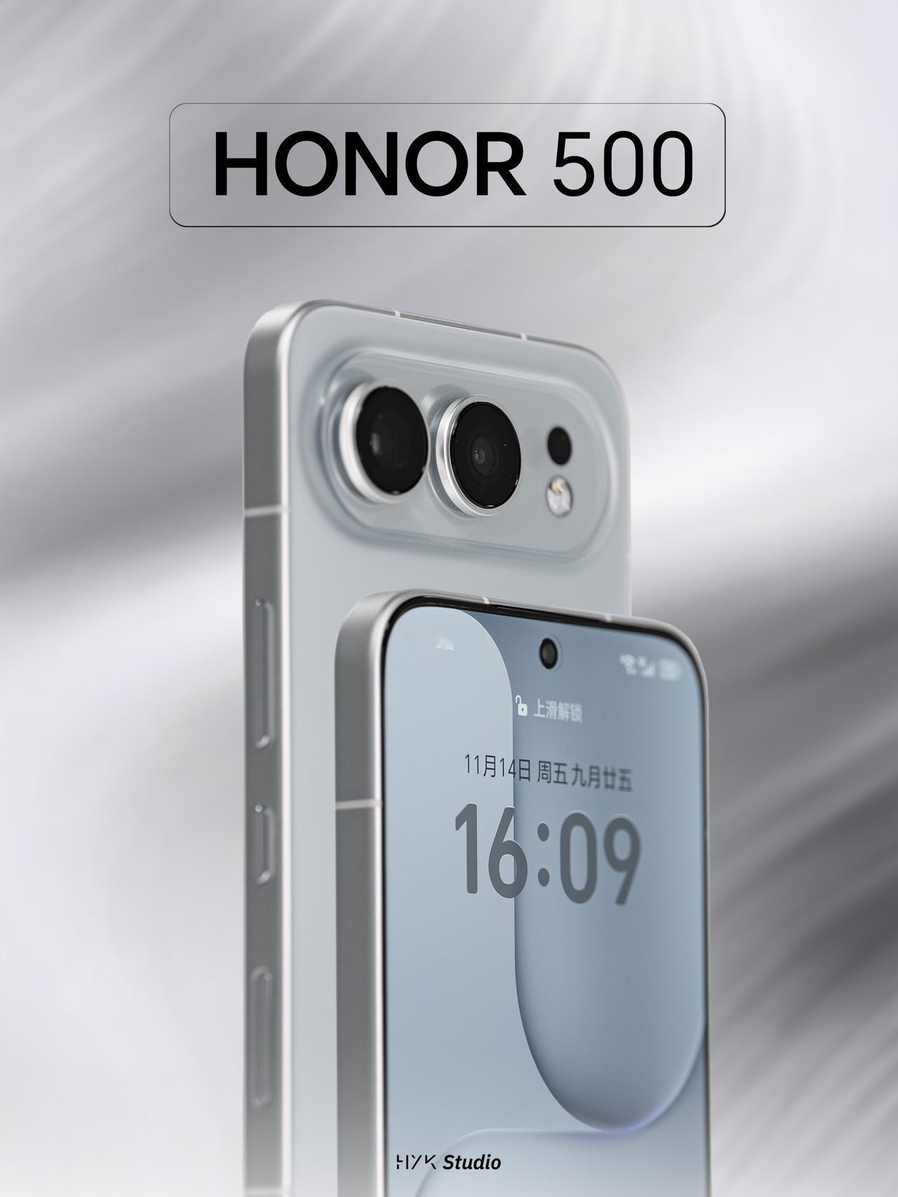 HYK图赏｜荣耀500

这款是“月光银”版本。机身像被月光镀了层银一样。极窄黑