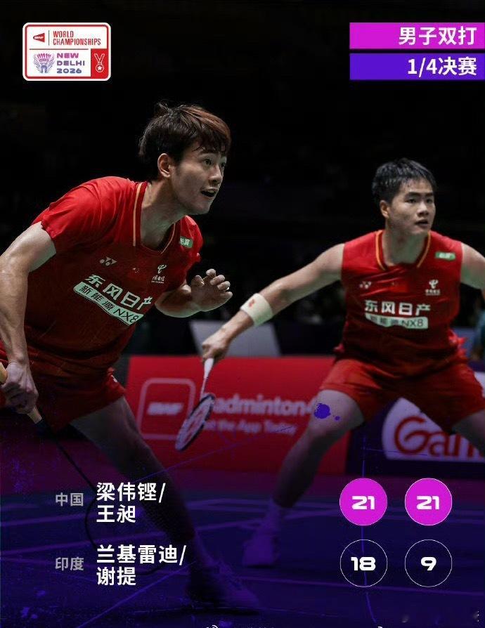梁伟铿王昶晋级世锦赛四强梁王组合2比0印度组合2026年印度羽毛球世锦赛男双1/