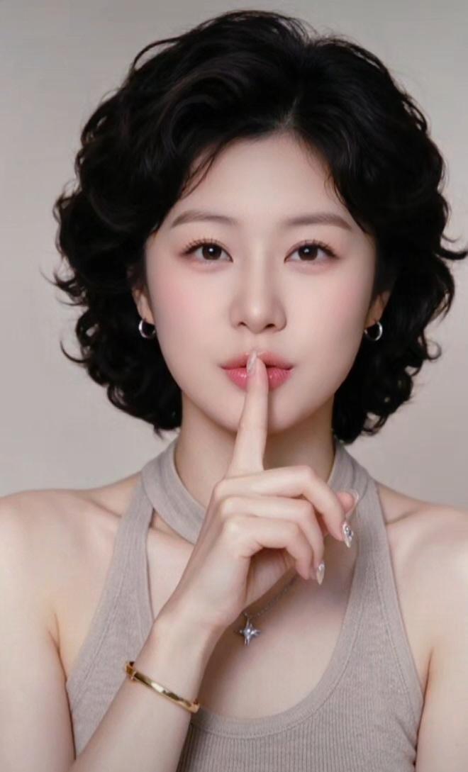 这姑娘看着真温柔，手指轻轻放在唇边。