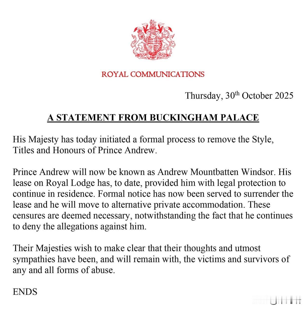 突发新闻：安德鲁王子已被剥夺所有王室头衔，并被赶出温莎城堡。


安德鲁王子（T