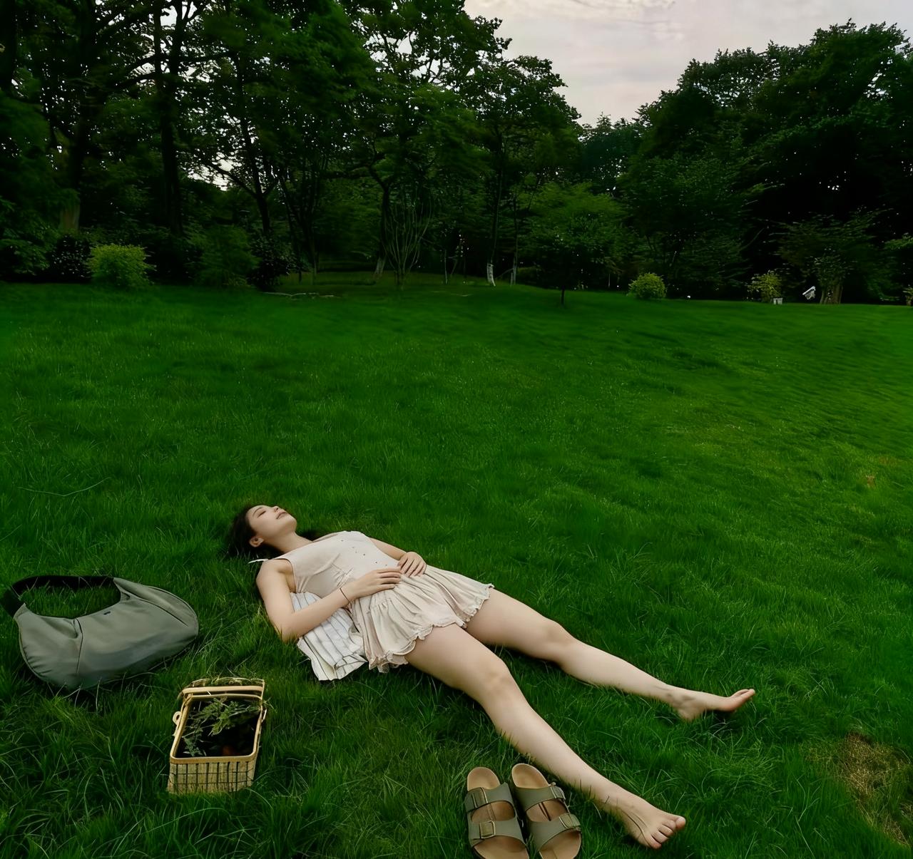 把自己摊在这片绿里，风裹着草香往领口钻，连呼吸都慢成了春天的节奏~
 
光脚踩在