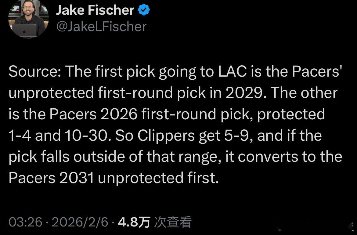 如果步行者2026年首轮被保护了，将转化为一个2031年的步行者无保护首轮给快船