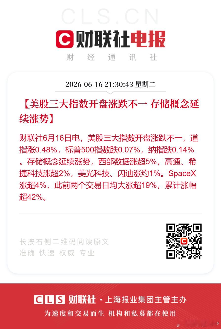 西部数据涨超5%【美股三大指数开盘涨跌不一 美股存储概念延续涨势】财联社6月16