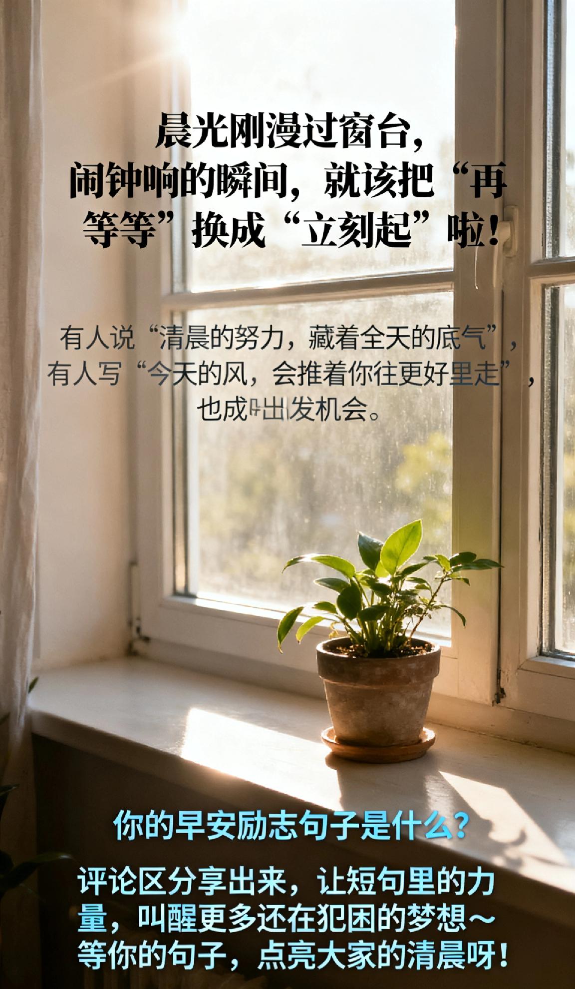 晨光刚漫过窗台，闹钟响的瞬间，就该把“再等等”换成“立刻起”啦！
 
有人说“清