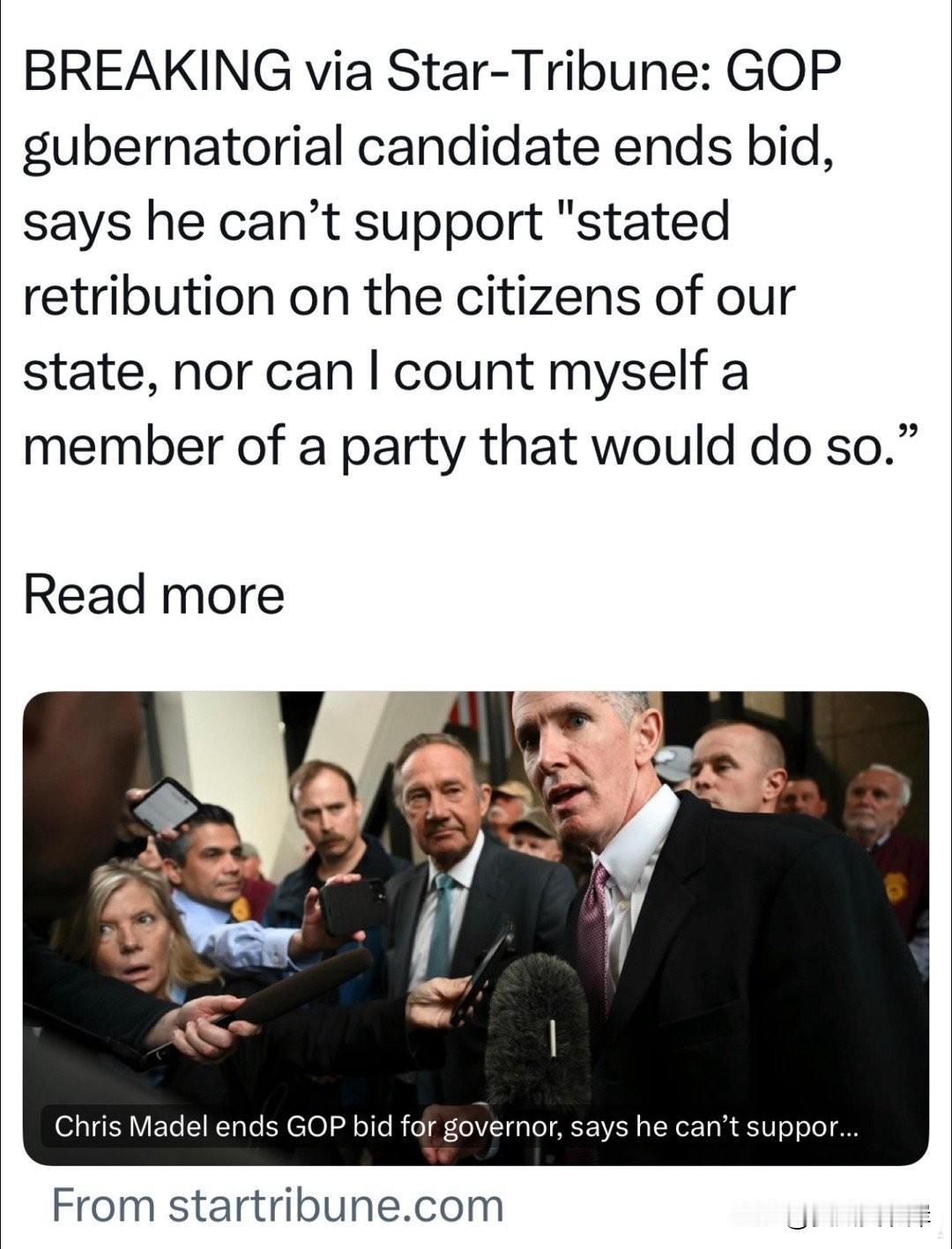 共和党州长候选人宣布退选，他表示：“我无法支持‘对本州公民实施公开报复’的做法，