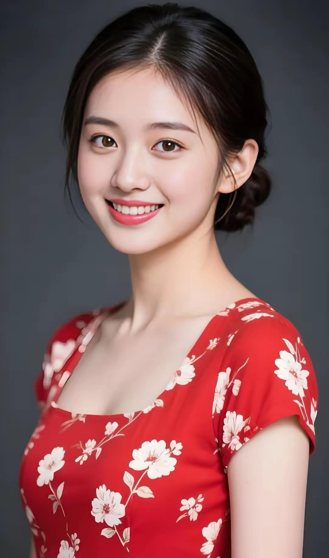 红衣映笑颜，花影舞春风。