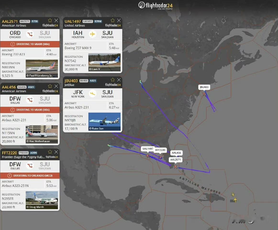 F24数据显示：大量民用航班改道绕行波多黎各圣胡安。美军可能正利用该岛对委内瑞拉