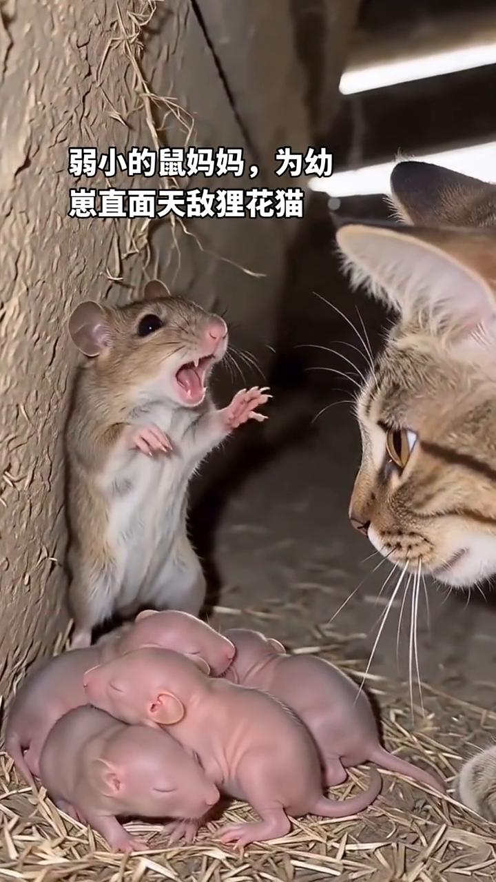 弱小的鼠妈妈，为幼崽直面天敌狸花猫。