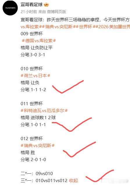 宣哥昨晚四场世界杯拿下三场！更是三串直接拿下 实力见证，不搞虚的。感谢各位老铁的