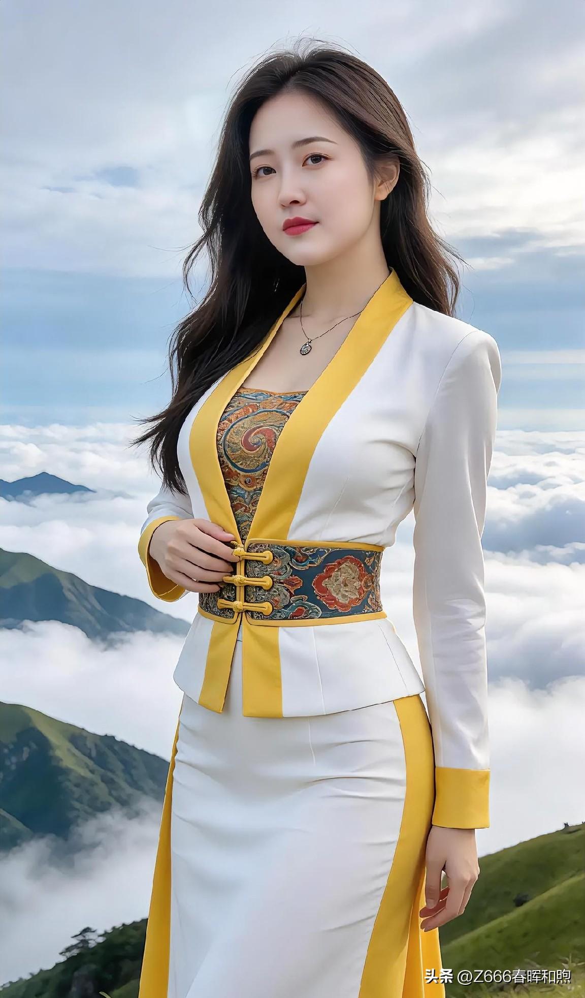 白黄相间的改良华服，立于云海山巅。传统盘扣与现代剪裁交织，于壮阔自然间尽显东方风