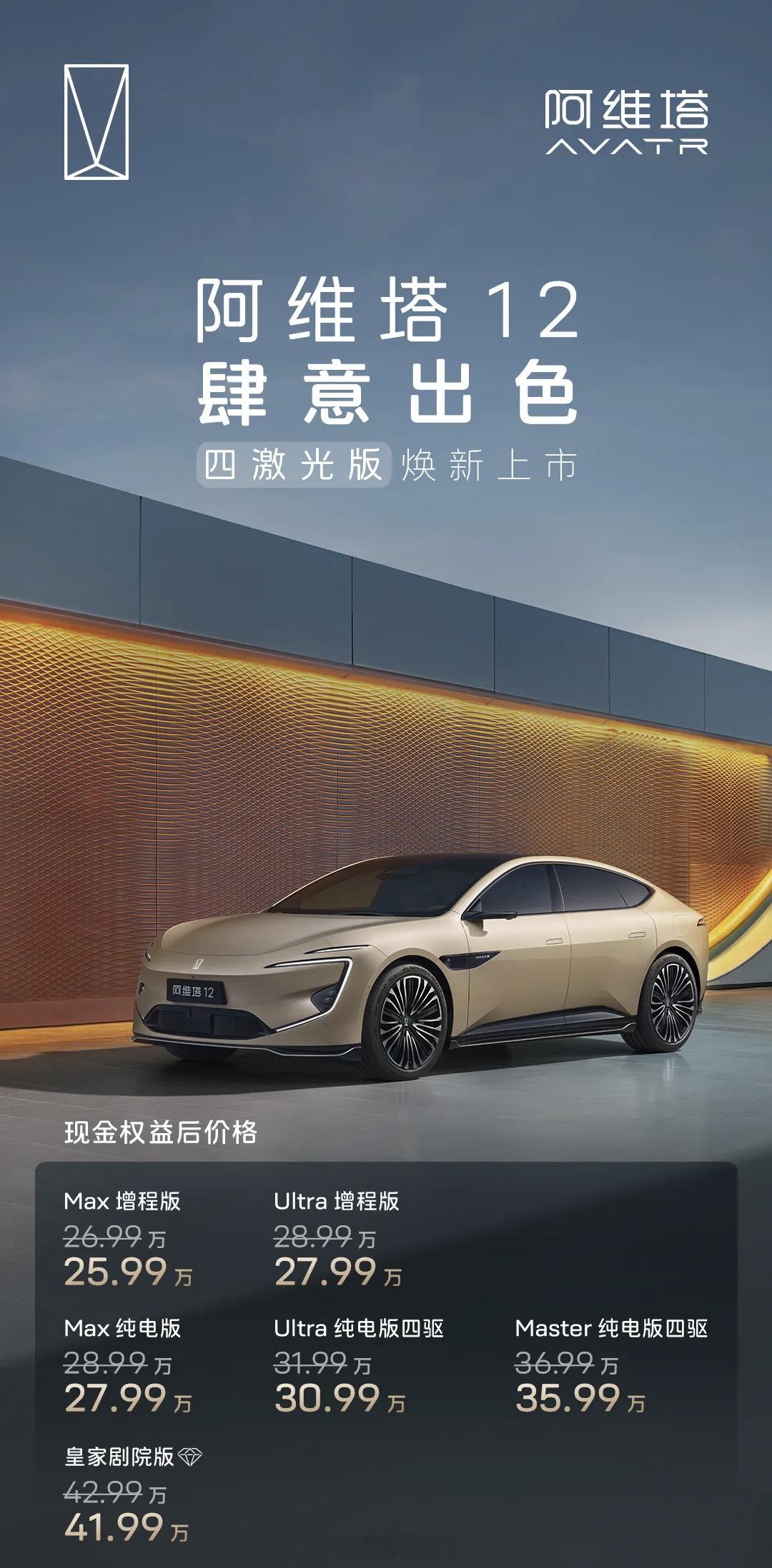 阿维塔12的四激光雷达版，25.99w~41.99w。这个四激光雷达是3个大的1