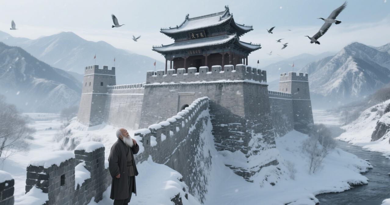 天下雄关雪渐深，烽台曾见雁来频。边墙近处掀髯望，山似英雄水美人。
于右任诗中的天