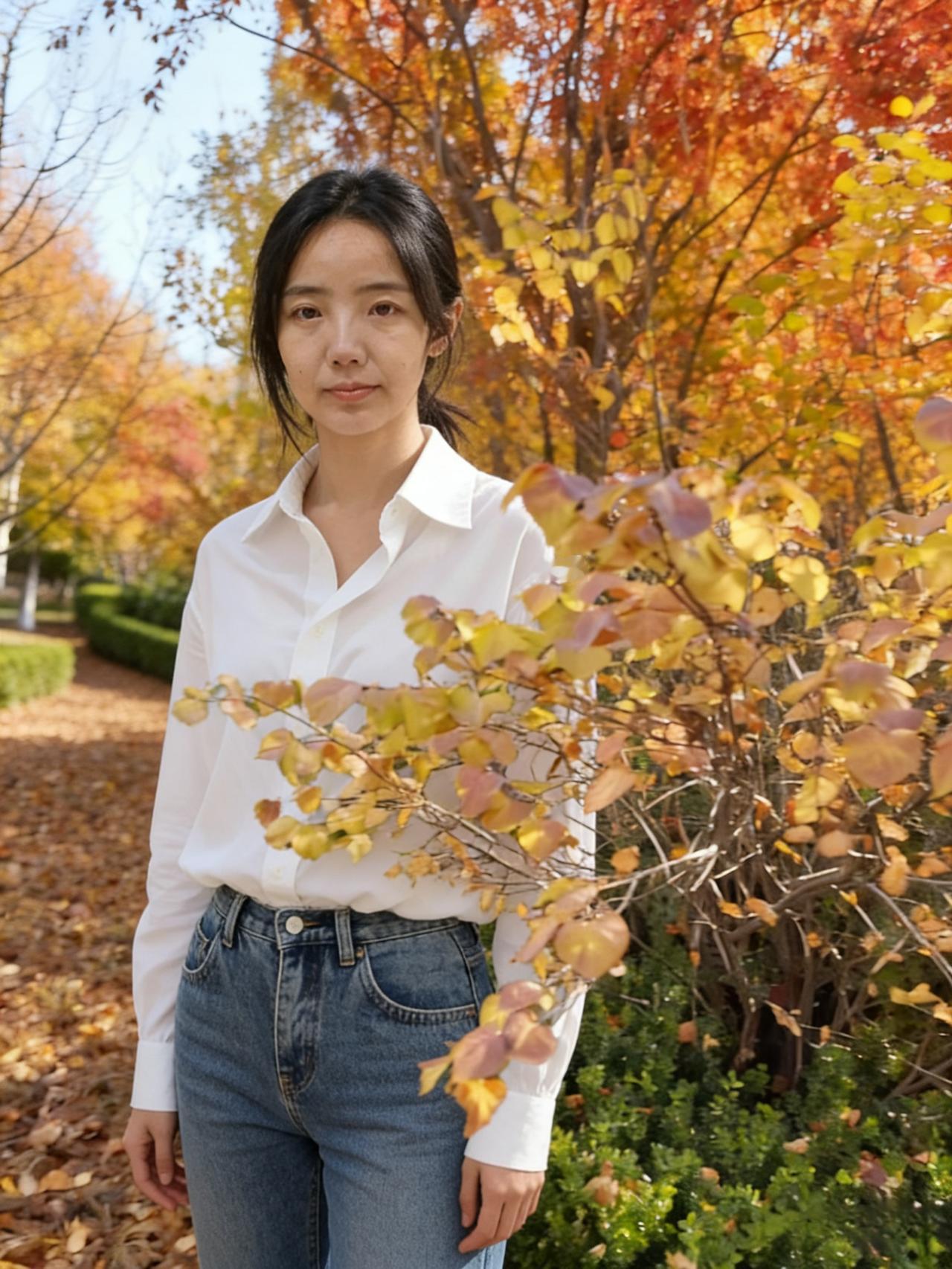 白衬衫垂着领口的弧度
在秋日的彩叶间，像一片未染霜的云
焦糖色的叶落在肩头
她站