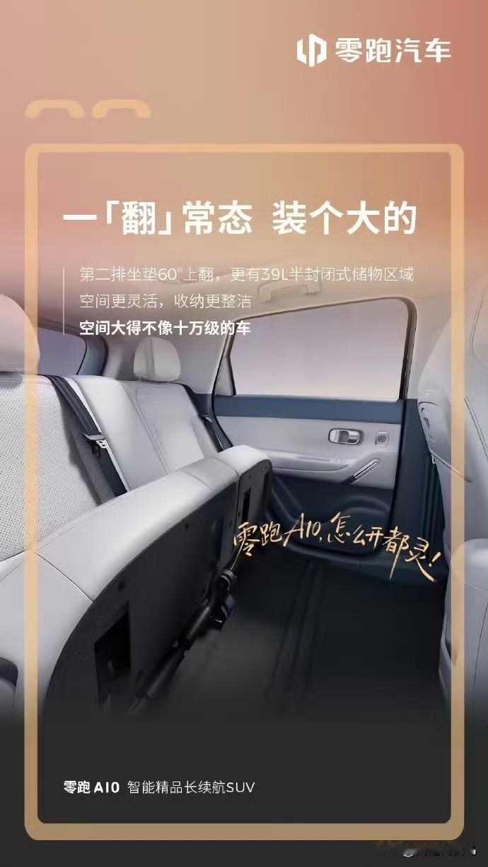 刚看到零跑A10这个二排坐垫60°上翻的功能，十万级的车，翻起来直接多出39L半