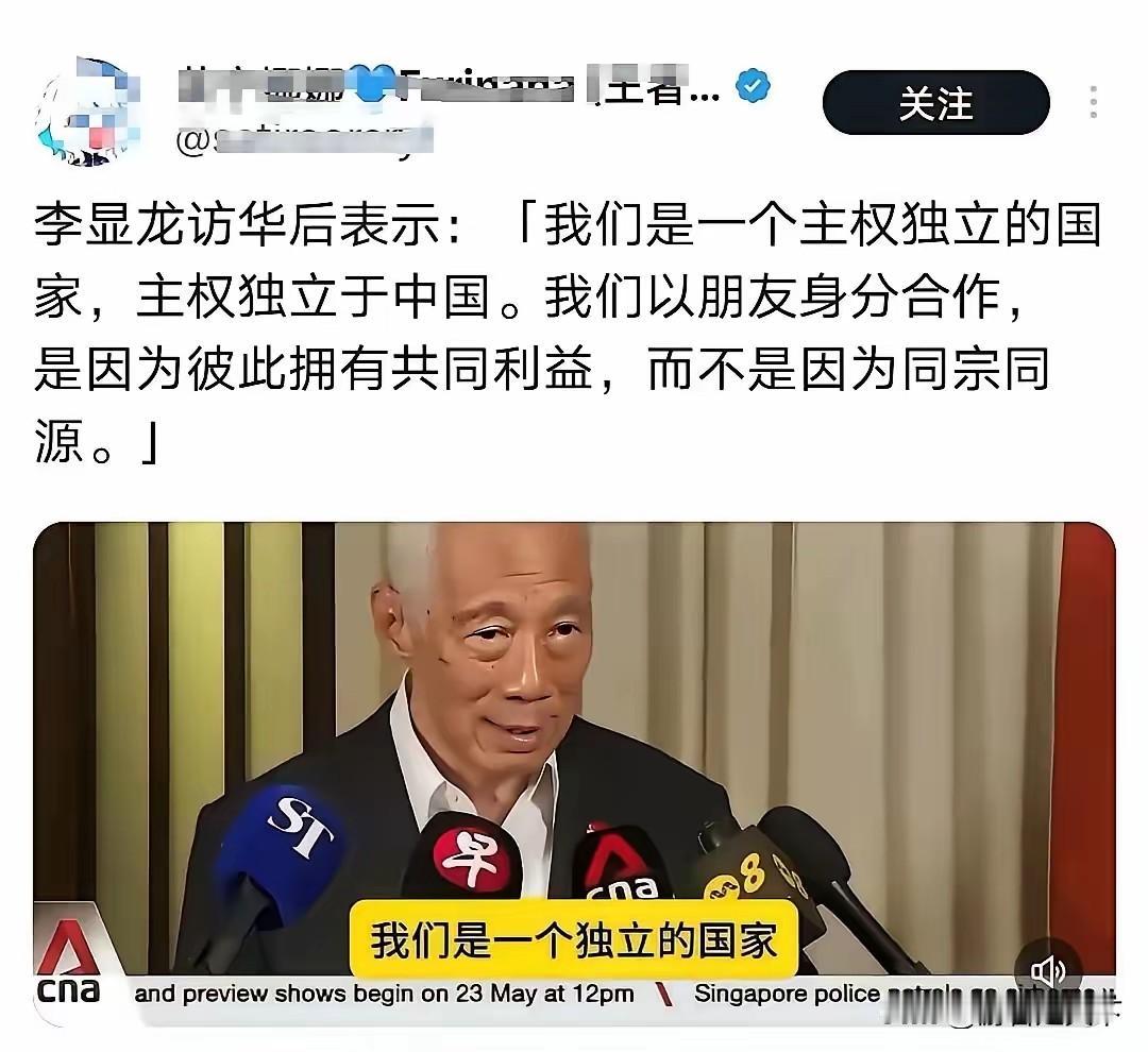 李显龙说，新加坡和中国合作，是因为有共同利益，而不是因为同宗同源。
笔者认为，李