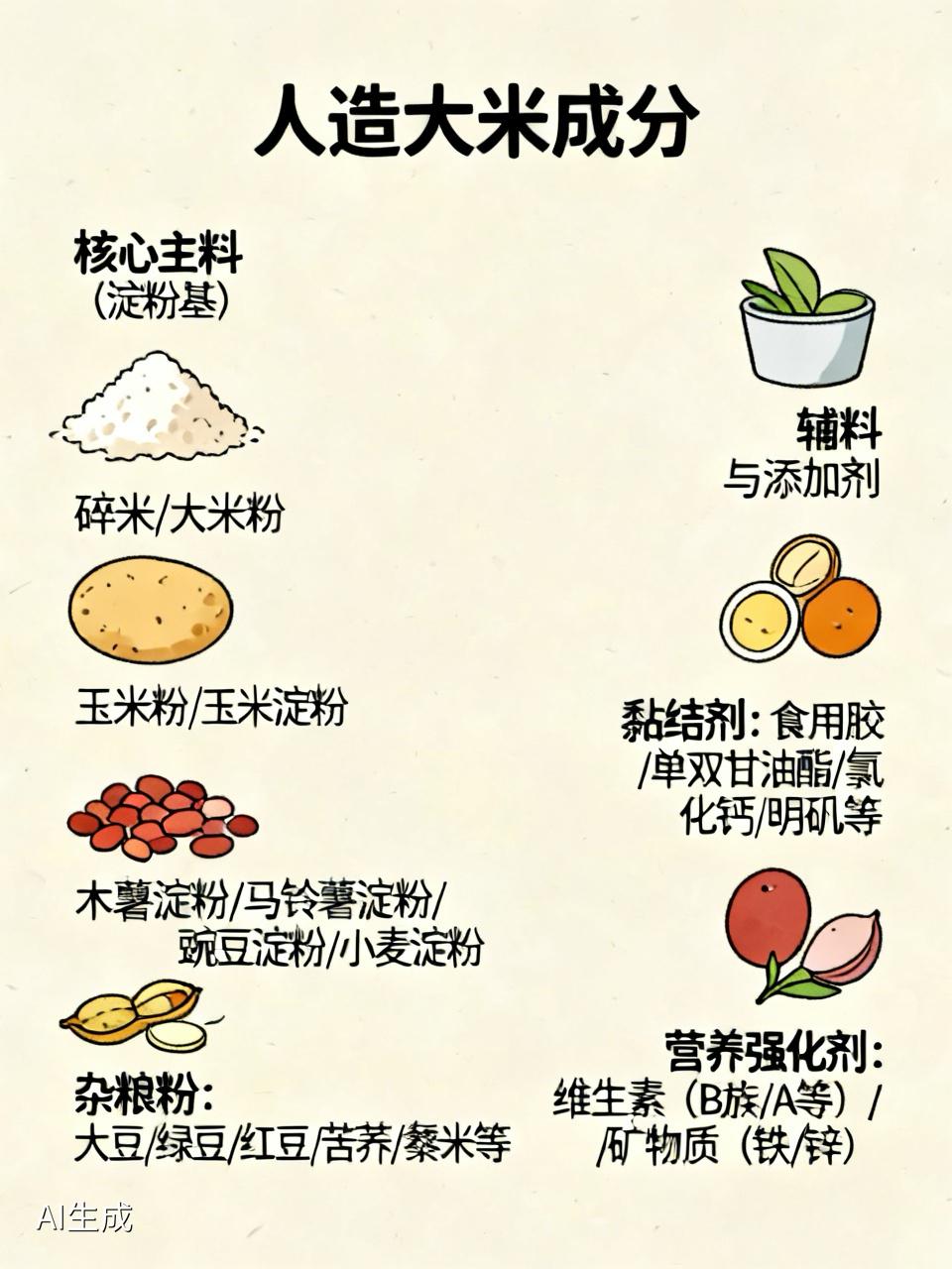 我喜爱吃大米饭，但我不吃人造大米。
人造大米（重组米/工程米）是以淀粉类粮食为核