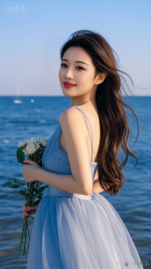 梦幻蓝裙少女，手持玫瑰，海风轻拂，唯美如画