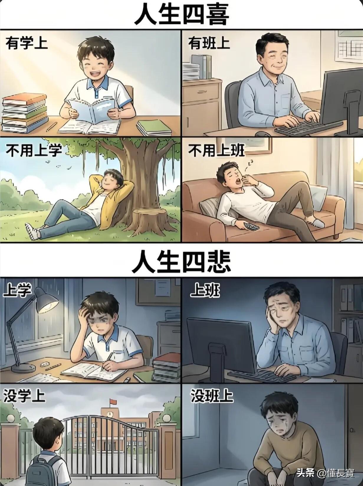 人生四喜
人生四悲
图文并茂，太真实了。