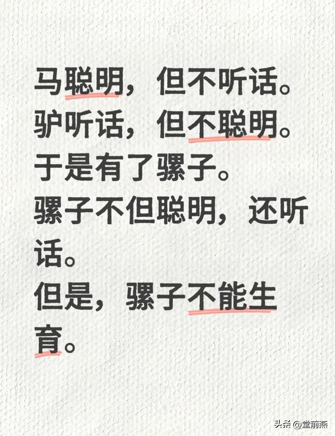 驴马骡的来历。
马聪明，但不听话。
驴听话，但不聪明。
于是有了骡子。
骡子不但