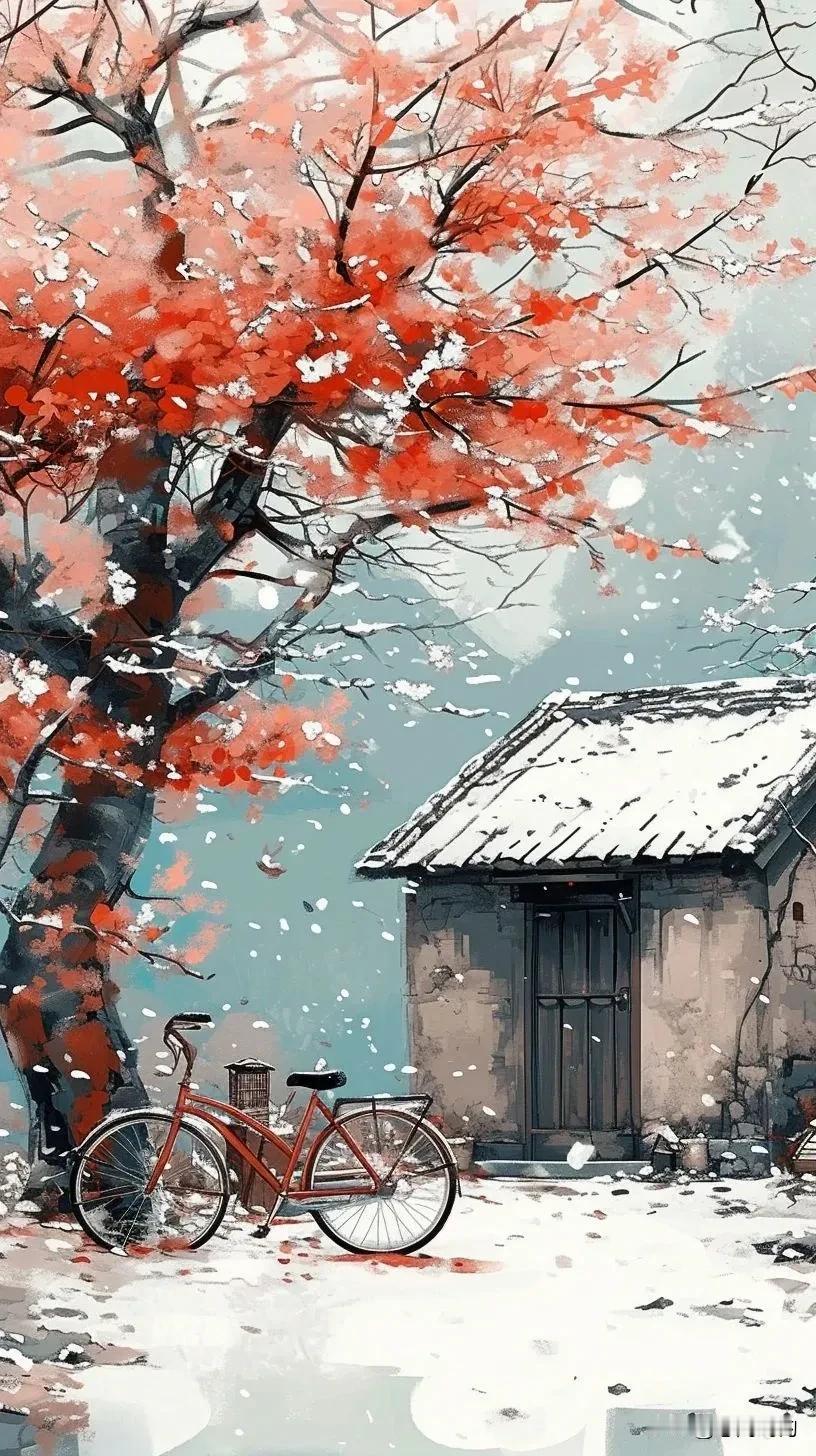 枫叶飘落，红墙白雪。旧年千般皆过往，新年万事定顺畅