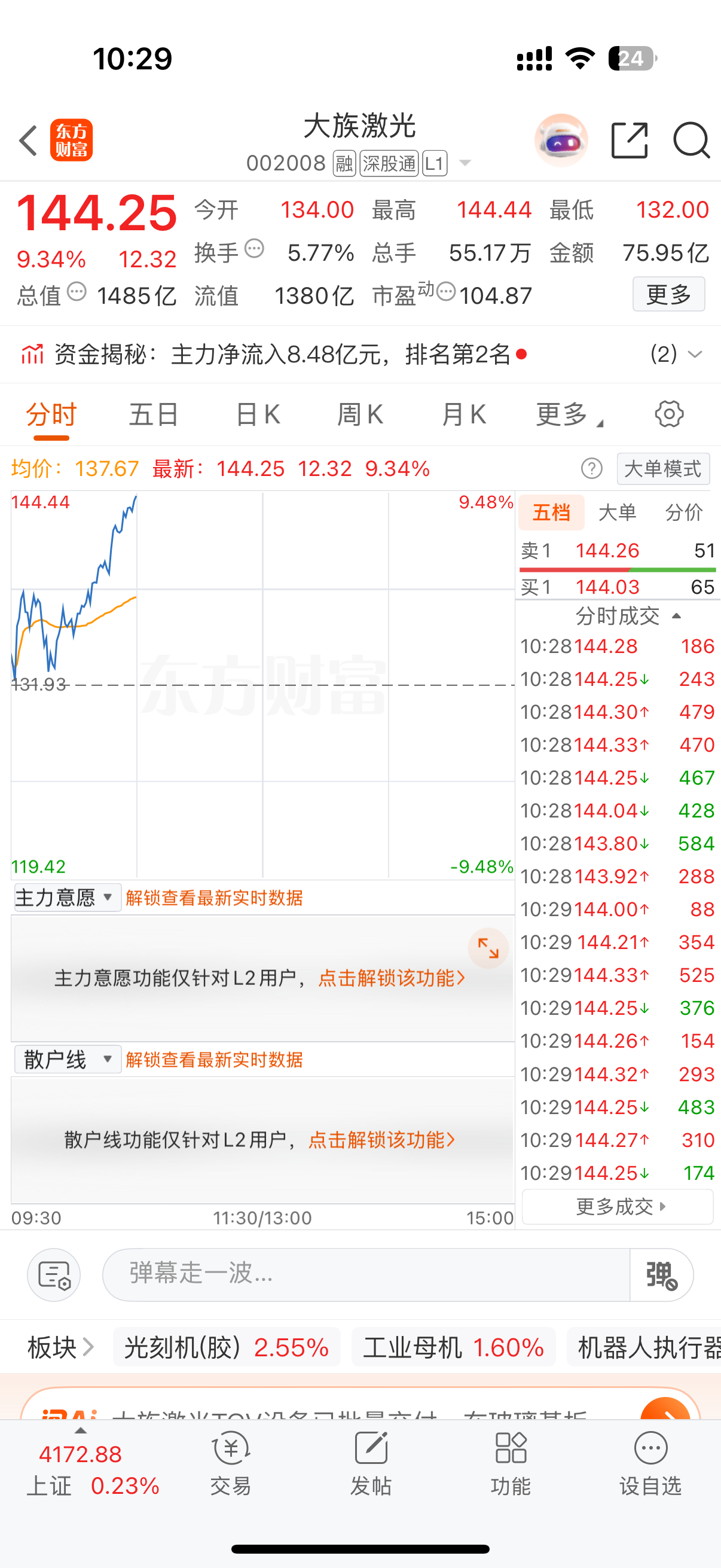 早前17号跟大家梳理的大族激光，盘面持续走强，眼看就要封板。做交易无非是提前看懂