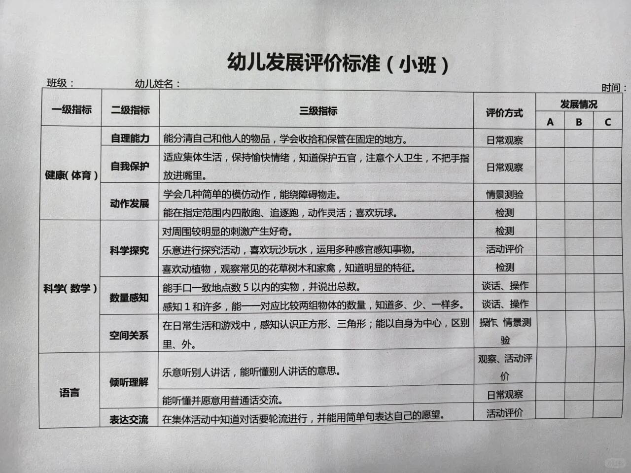 幼儿发展评价指标（大中小班）