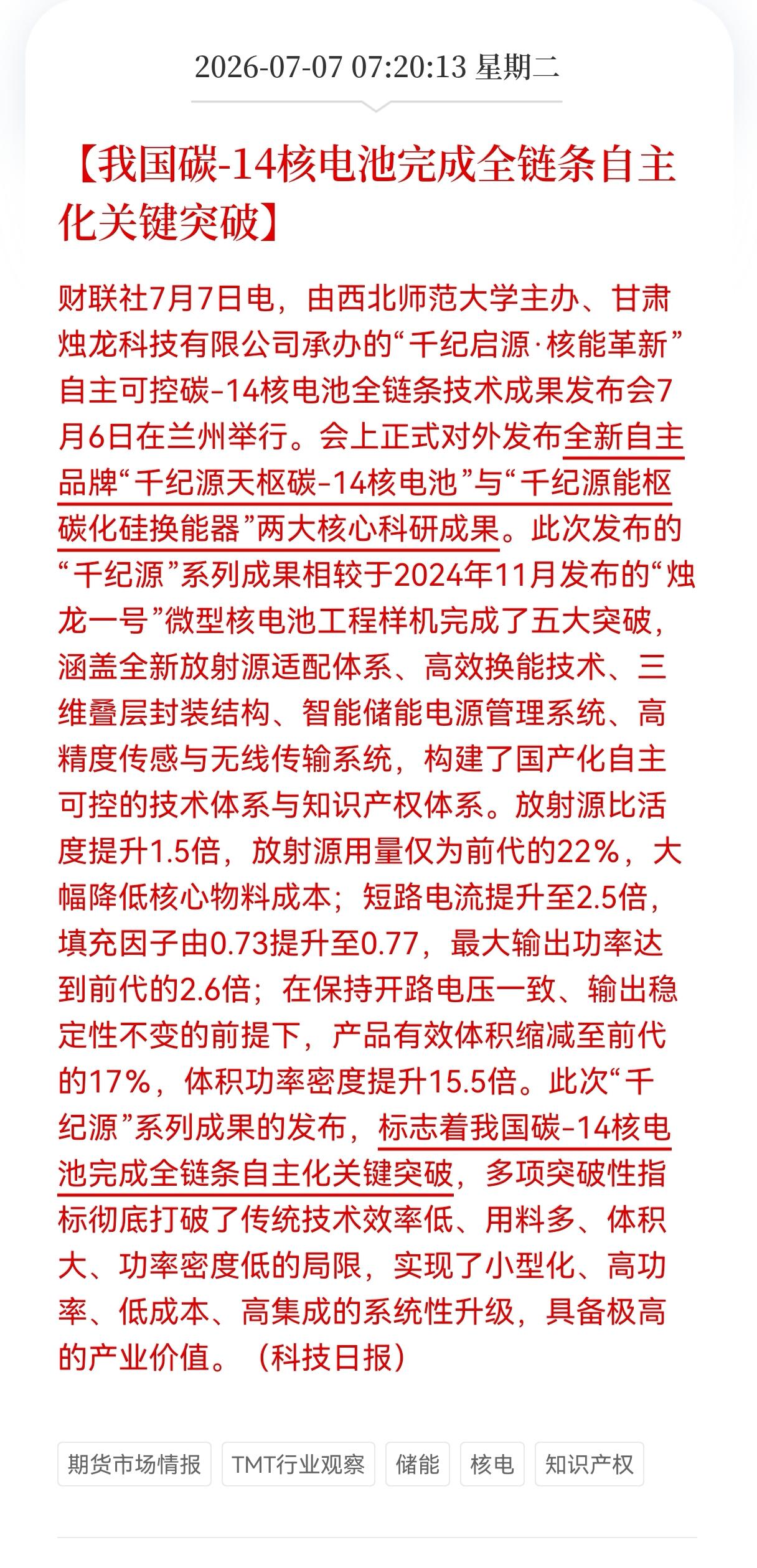 利好消息！重大利好消息！
储能核电池迎来重大利好消息！
我国碳﹣14核电池完成全