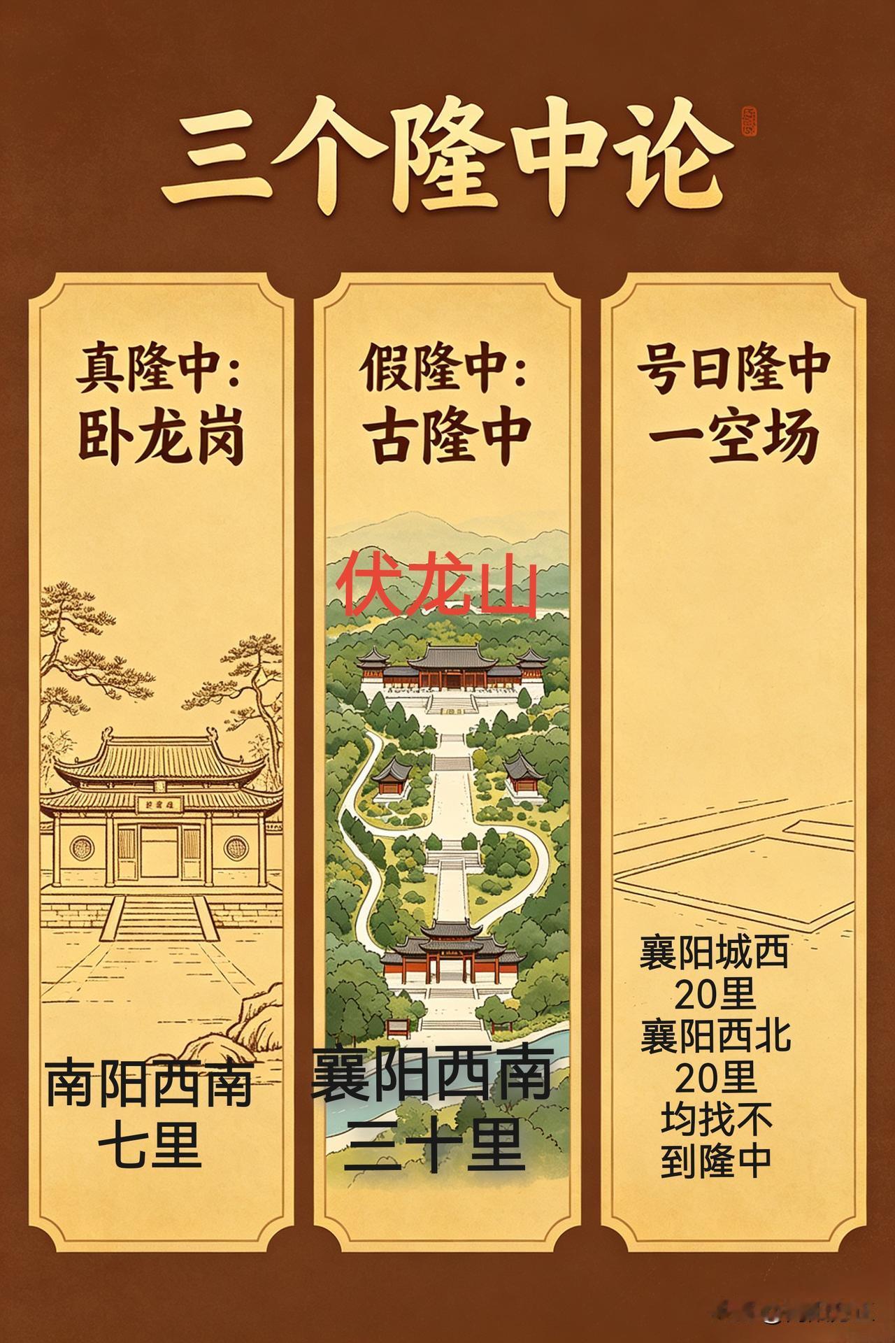 一句话总结“三个隆中论”
卧龙岗不是号曰出来的，因“中岗隆起”故曰隆中
明代伏龙