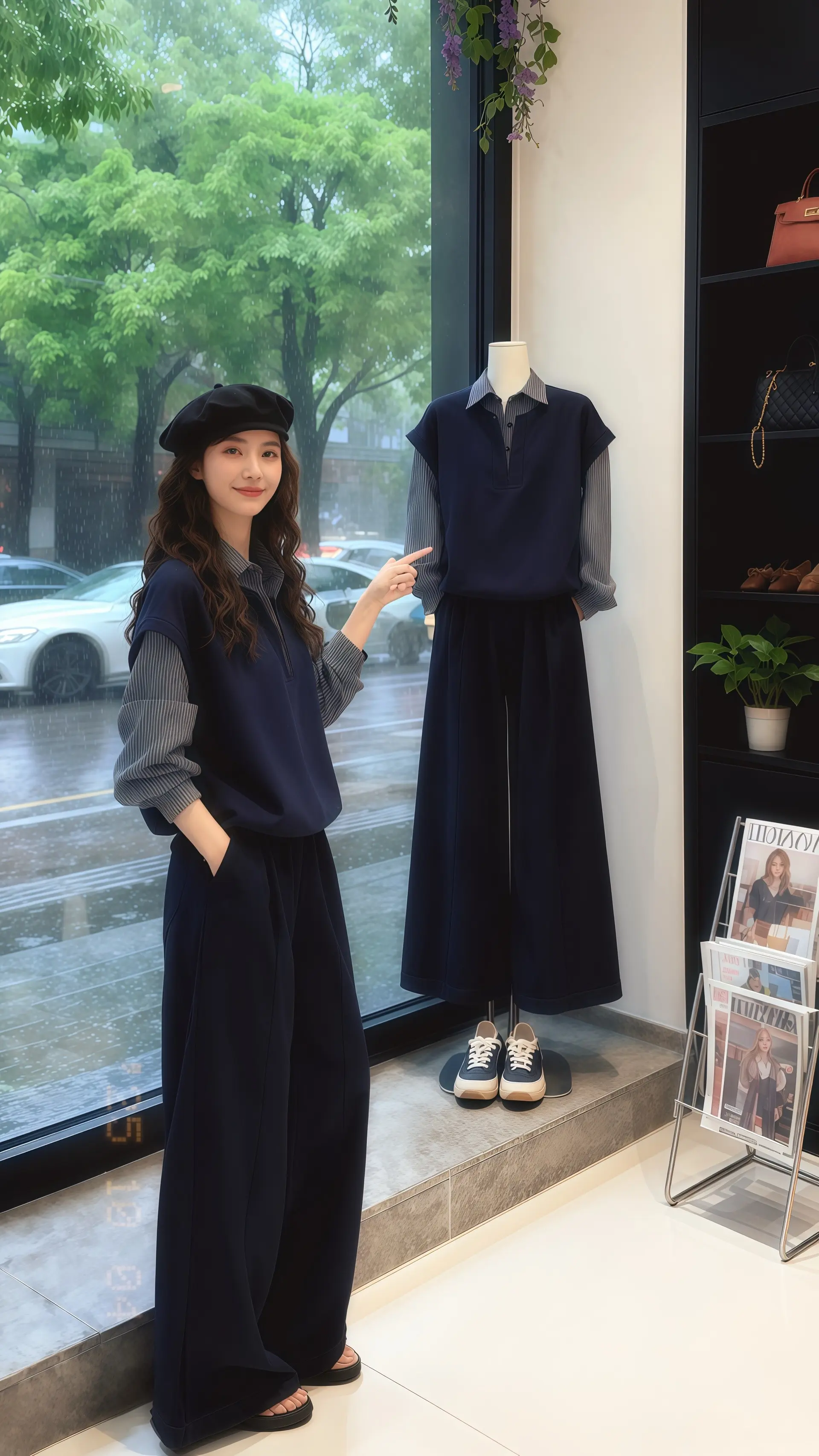 她身着大码慵懒风假两件拼接长袖衬衫，藏蓝主调与格纹衬里的碰撞，在高级感...