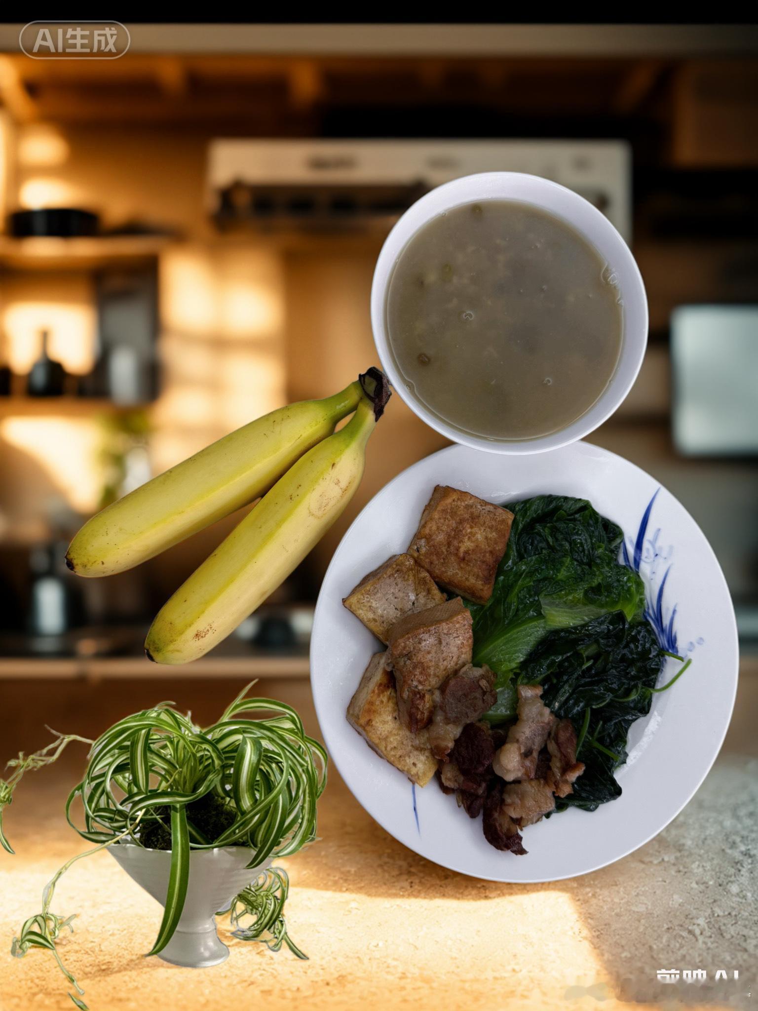 今日早餐：绿豆粥，生菜，雍菜，卤肉和老豆腐，香蕉。 