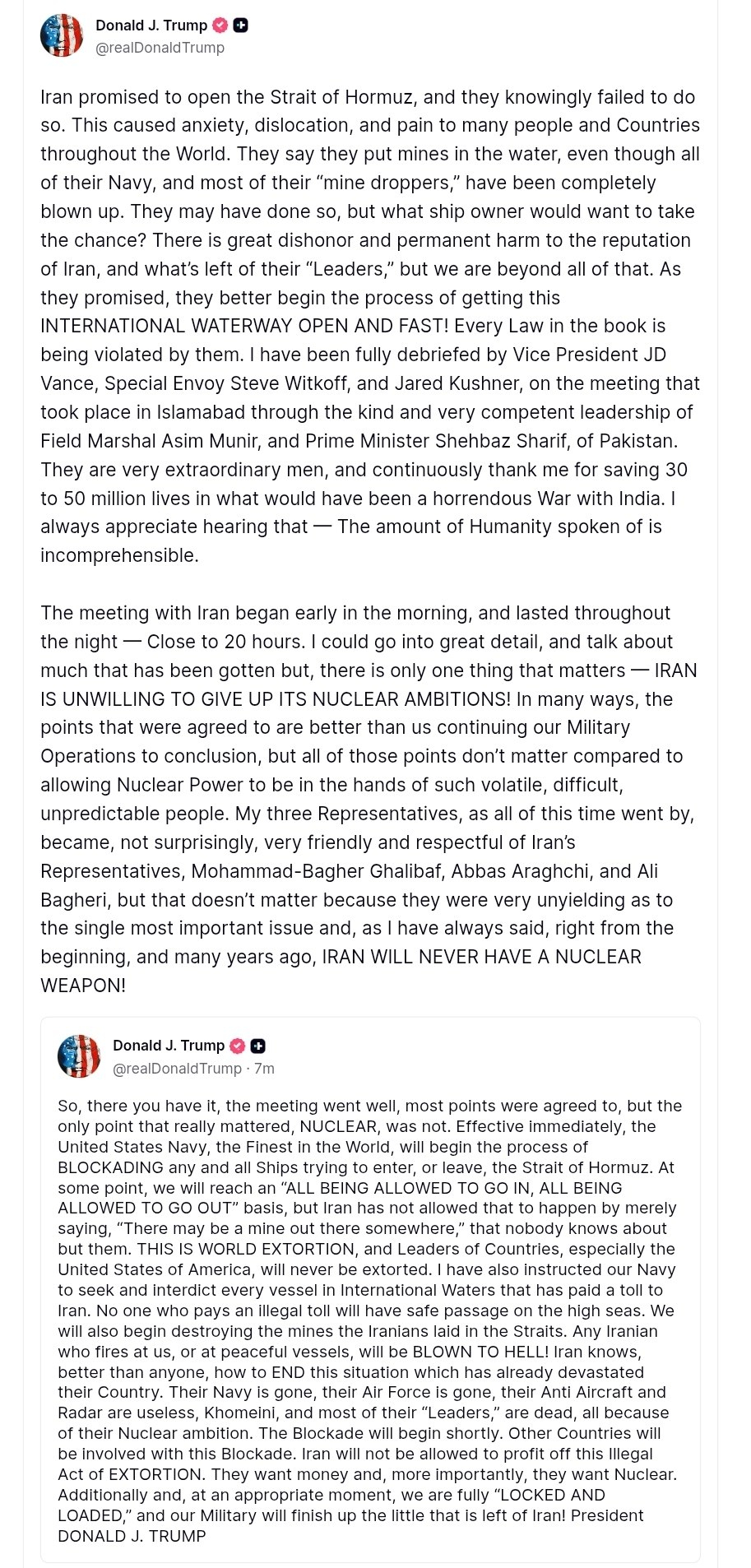 特朗普宣布将对霍尔木兹海峡实施海上封锁，此前媒体已对此进行报道。他写道："从现在