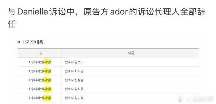 ADOR方的律师团全员辞职 ADOR对Danielle及闵熙珍的诉讼将推迟，一下
