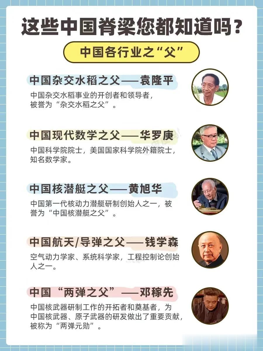 厉害！有人竟然将中国脊梁，各行业之“父”全都详细的分享出来，简直太贴心了！没事让