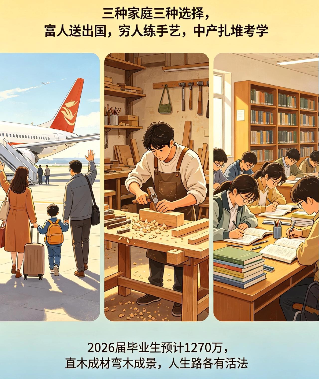 - 头部父母，早参透，送出国了
​
- 底层父母，也悟了，学门手艺
​
- 剩中