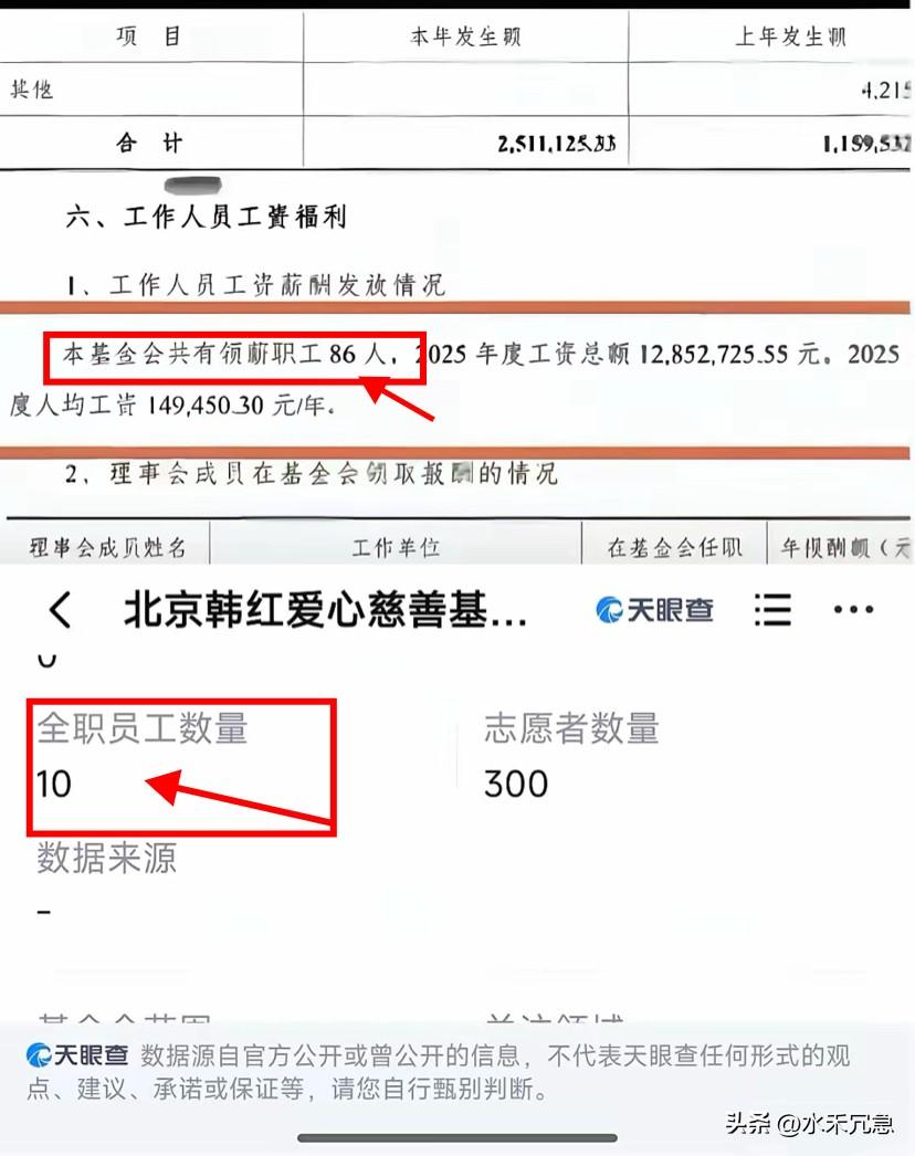 网友扒出了韩红基金会的三大疑点：

第一：韩红基金会称自己的领薪员工 一共有86