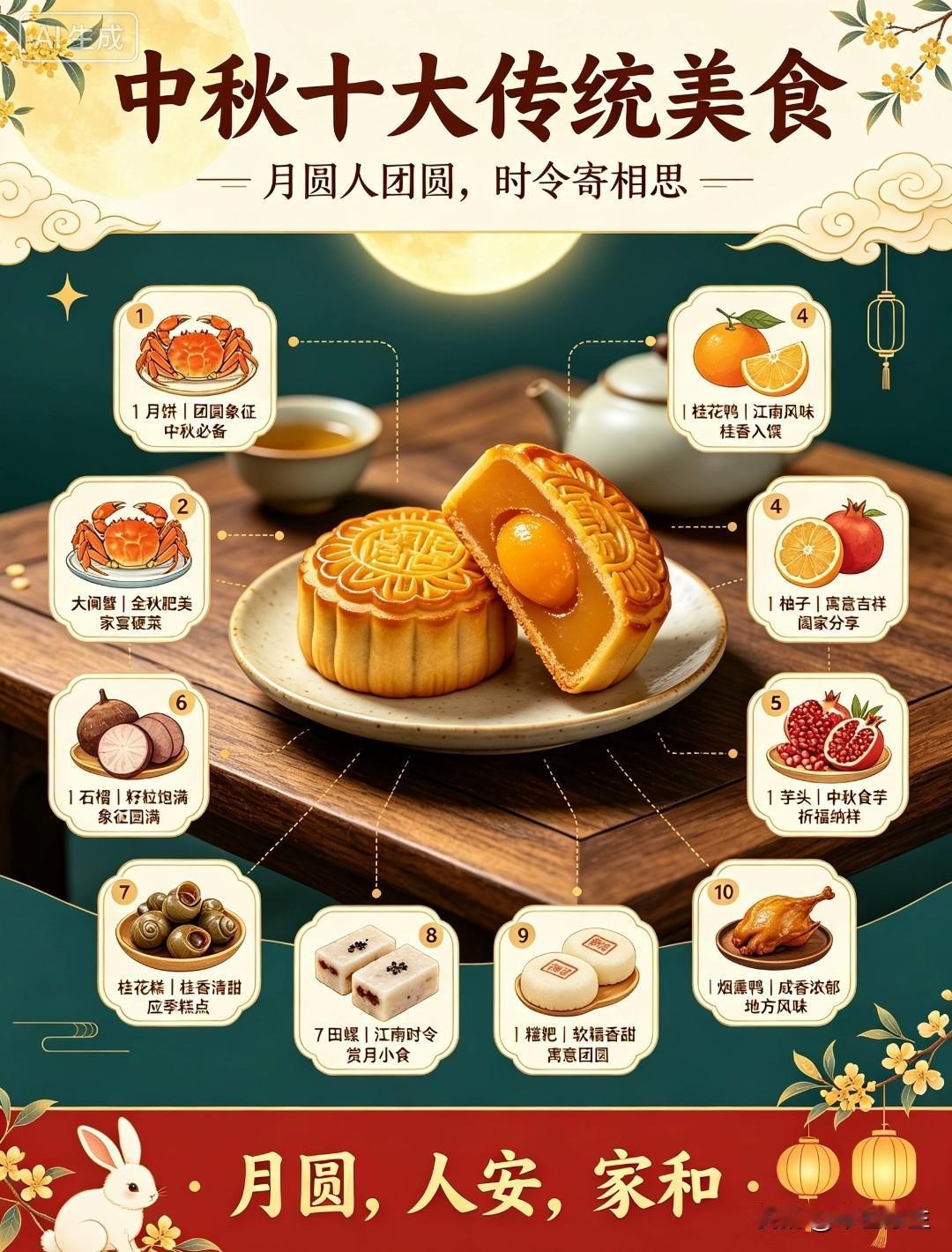 中秋十大传统美食
 
1. 月饼
2. 大闸蟹
3. 桂花鸭
4. 柚子
5. 