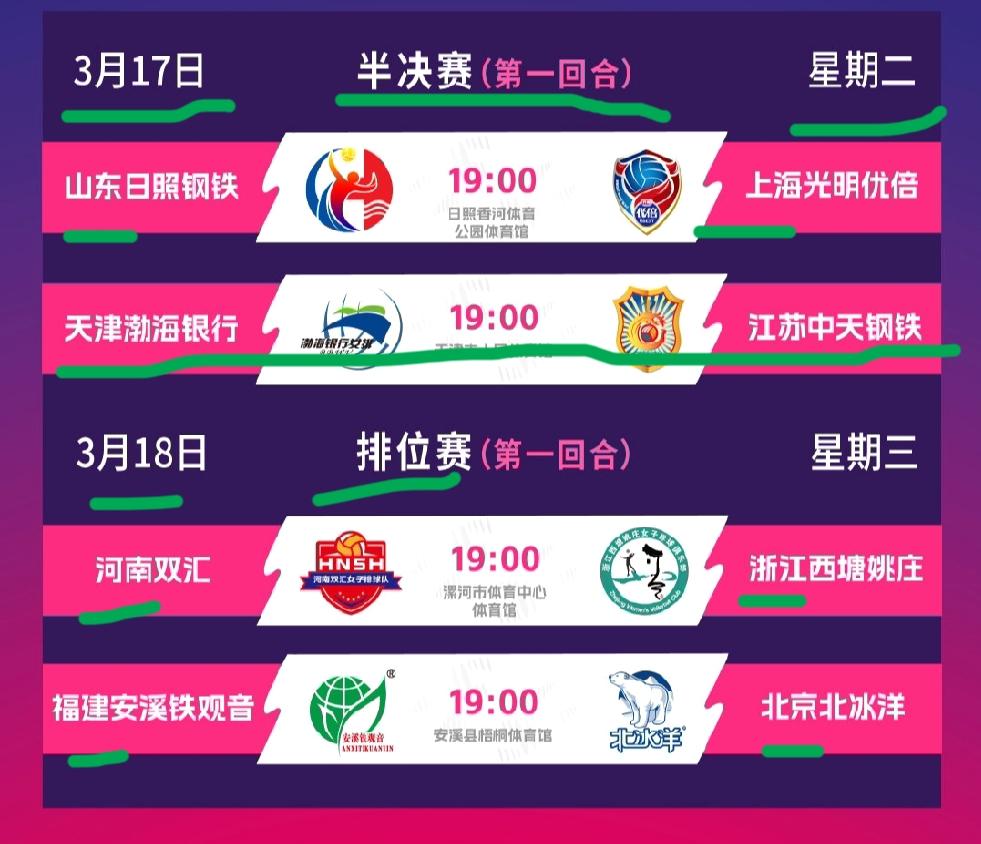 半决赛即将打响！排超联赛官方发文公布了半决赛的赛程海报！周二晚上七点，两场半决赛