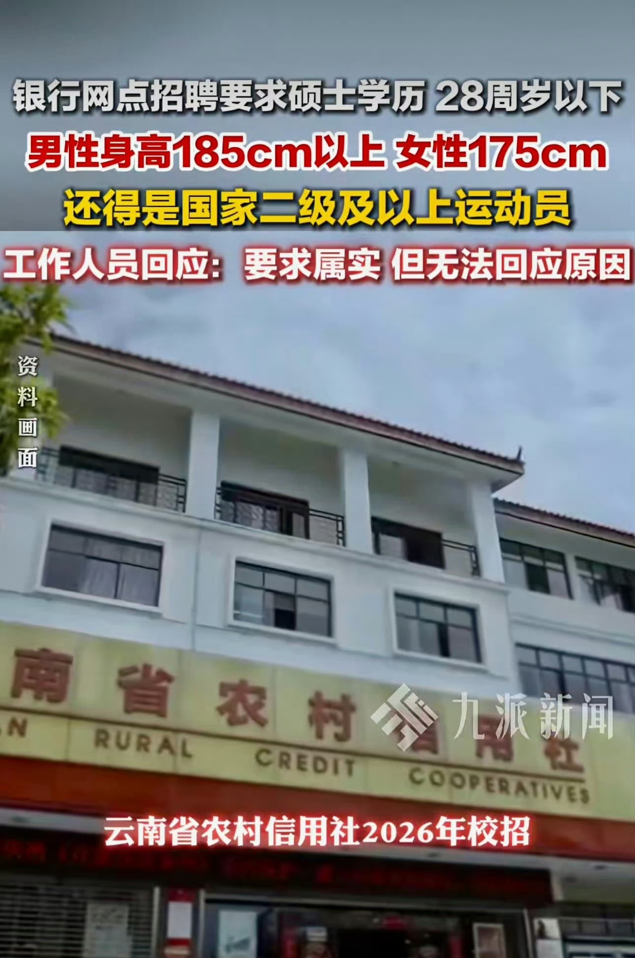 近日，云南省农村信用社部分网点发布的招聘公告，因设置运动员经历、特定身高等明显偏