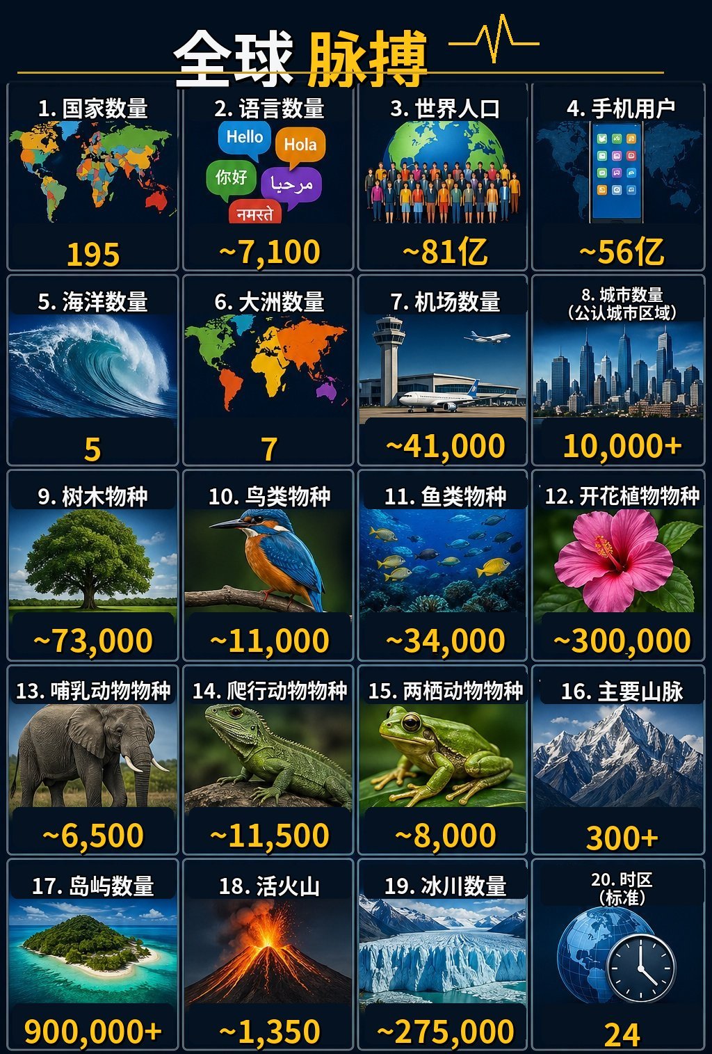 🌍 世界各类统计数据🌐 国家数量——195个🗣️ 语言数量——约7,100