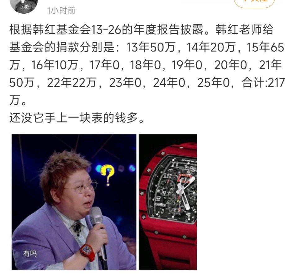 道德绑架了吧？难道韩红天天打补丁挖野菜才能做慈善基金？ 
