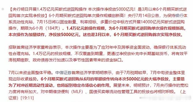 1.4万亿买断式逆回购落地，流动性宽松能否提振市场？央行明日操作1.4万亿6个月
