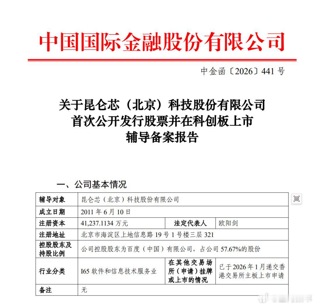 今天，昆仑芯(北京)科技股份有限公司正式启动科创板上市辅导，中国国际金融股份有限