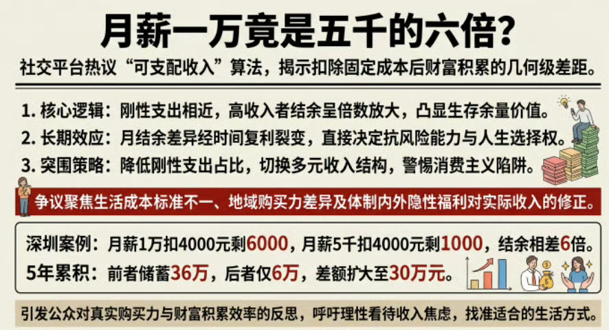 月薪1w是月薪5K的六倍其实这个是在固定收入和固定开销两者一致的情况下，再去拉出