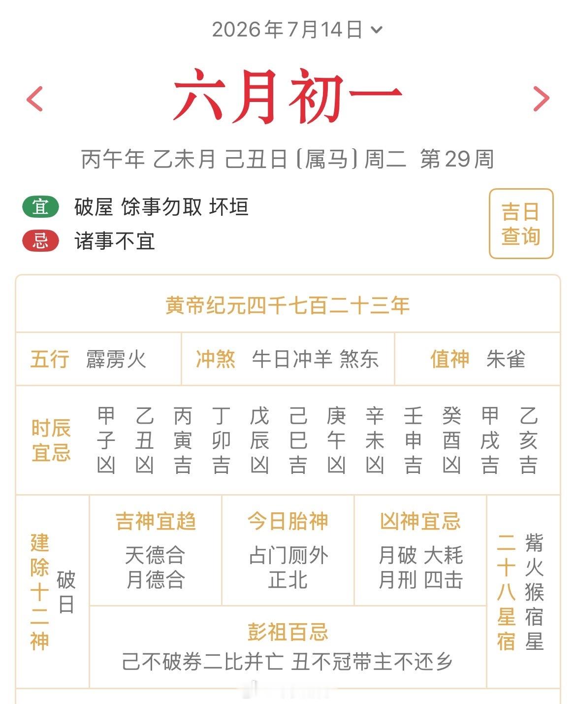 十二生肖每日简运 仅供参考2026.7.14丙午年乙未月己丑日己丑天克地冲癸未：