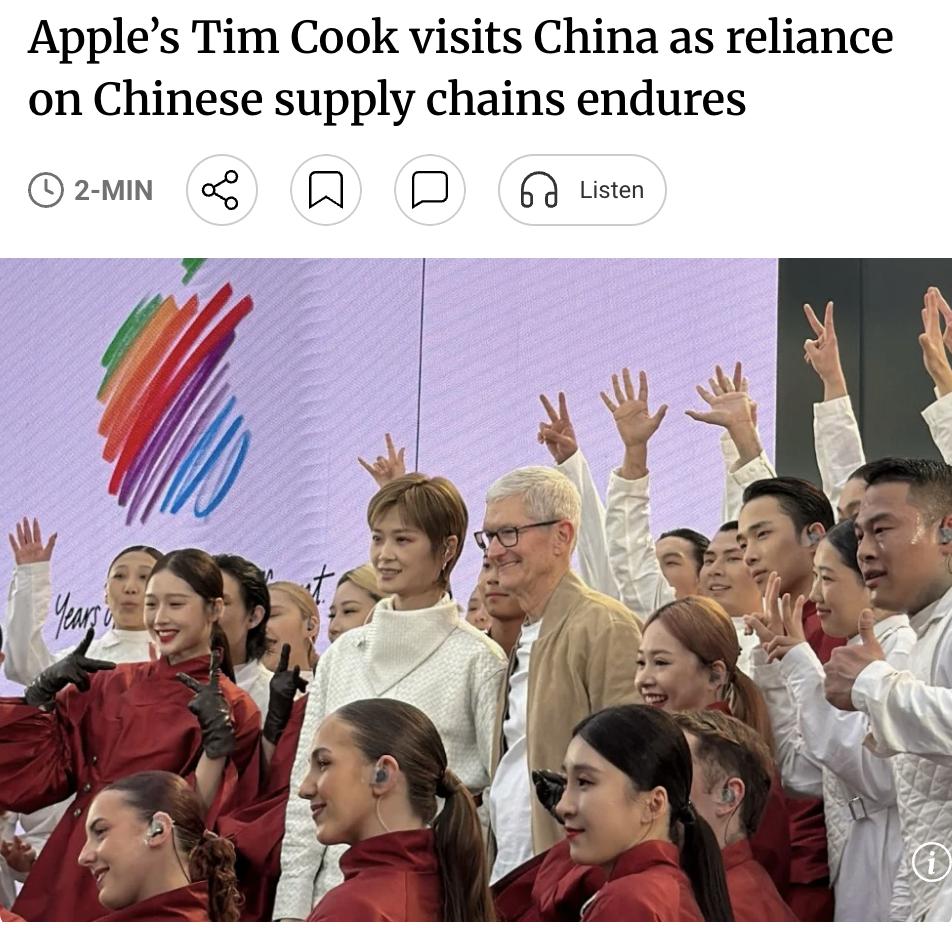 外媒：苹果CEO蒂姆·库克开启今年首次中国之行，现身成都Apple Store门