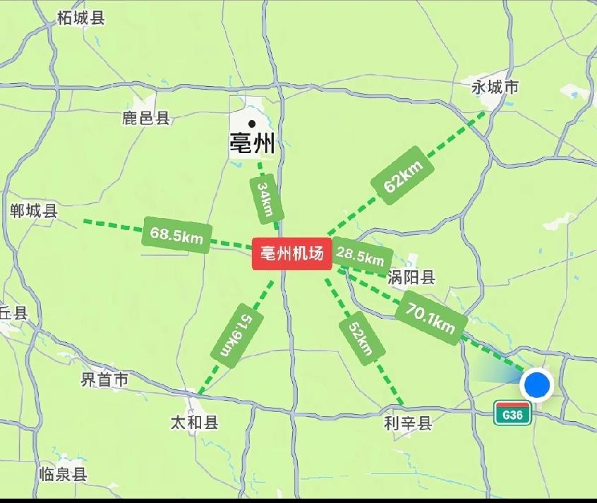 亳州机场的地理位置虽然在涡阳县标里镇，但是距离亳州市区仅有34公里左右，到达机场