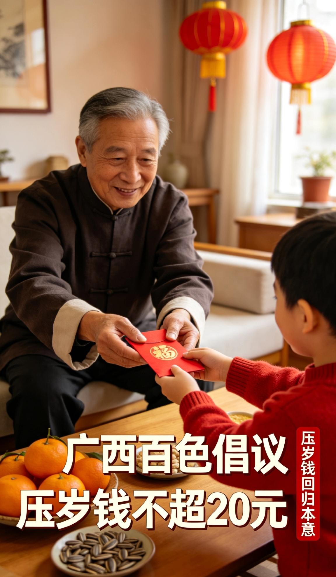 广西百色倡议过年压岁钱不超20元压岁钱的温度从不在数字大小，而在长辈裹在红纸里的