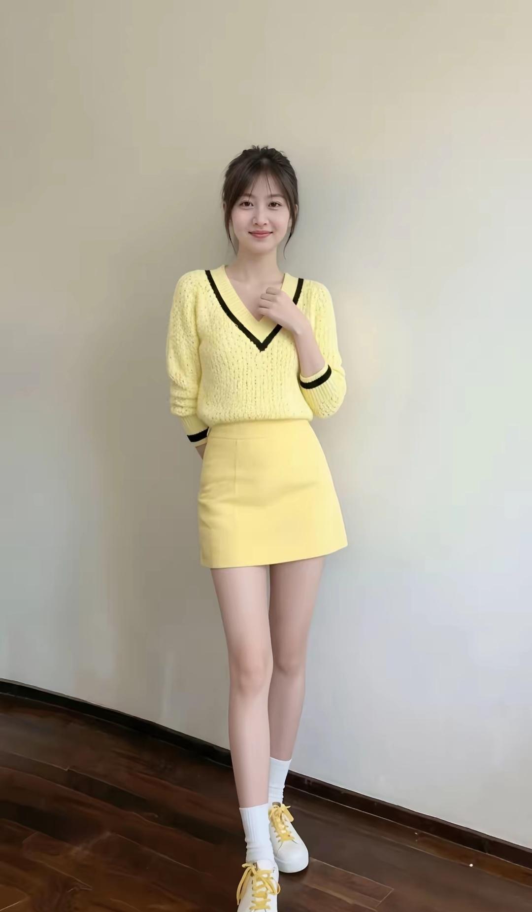 元气少女穿搭指南：黄色毛衣+短裙，活力满满！