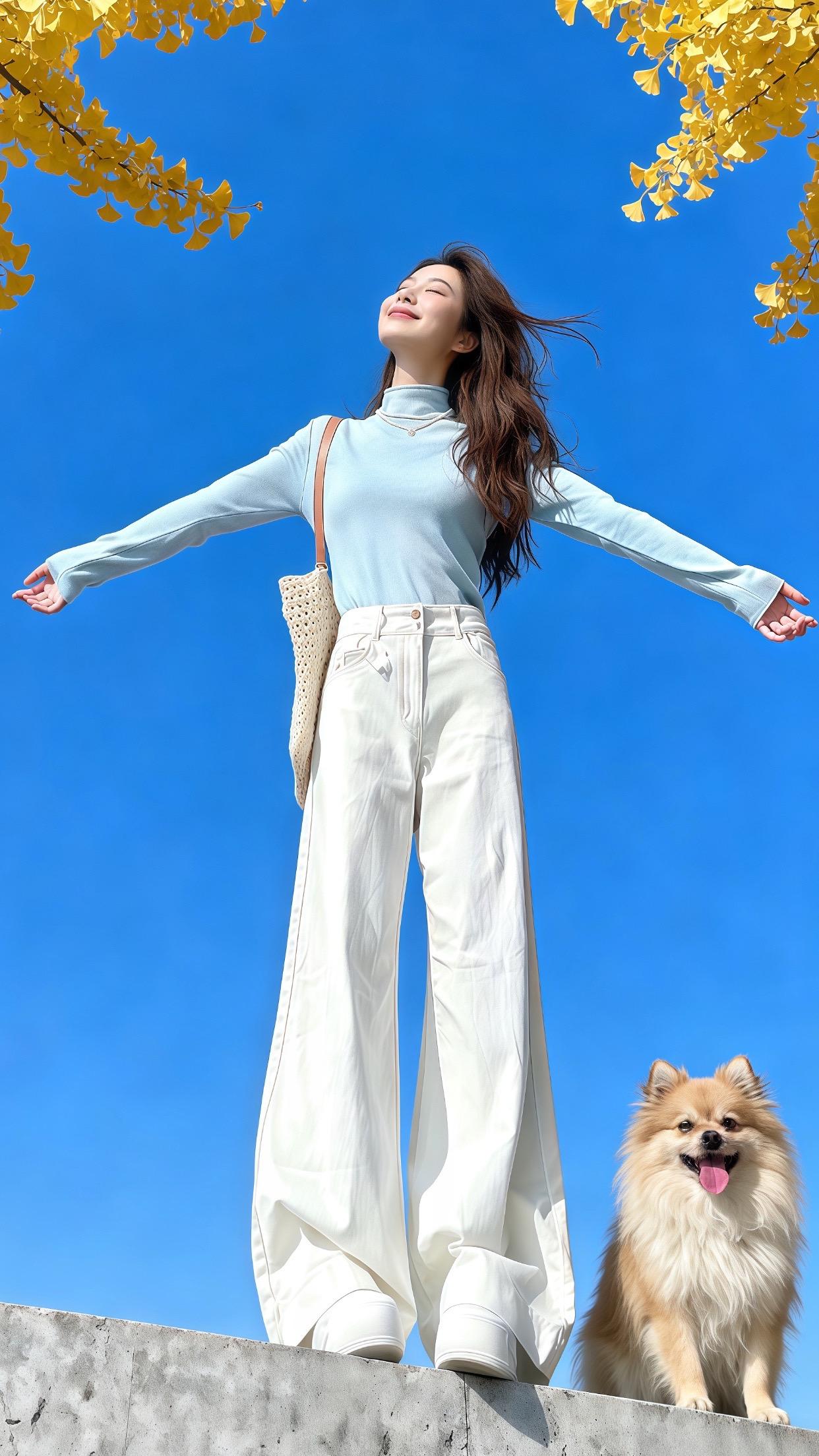 浅蓝高领打底衫+奶白阔腿裤，清清爽爽的感觉像是把蓝天穿在身上，温柔感满...